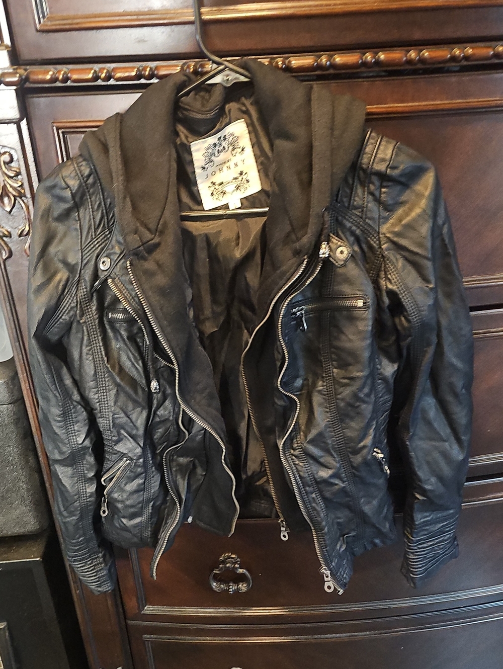 Black Faux Leather Hooded Moto Jacket -